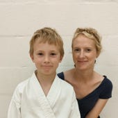 Julia and her son Jack looking happy just after a class